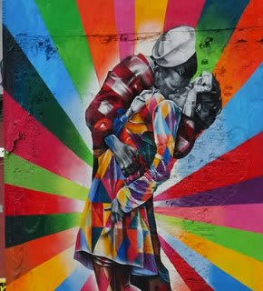 Pintura a óleo vibrante em tons de azul, vermelho e amarelo, representando uma explosão de cores e criatividade em estilo street art.