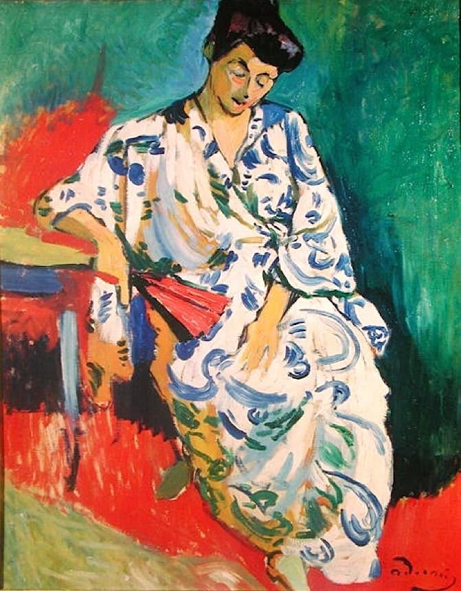 Ritratto di donna in stile fauvista con un ventaglio, opera di André Derain, con colori audaci e pennellate visibili