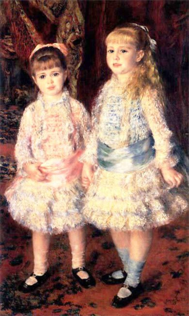 Double portrait de jeunes filles, l'une en robe bleue, l'autre en robe rose, dans un style délicat et lumineux.