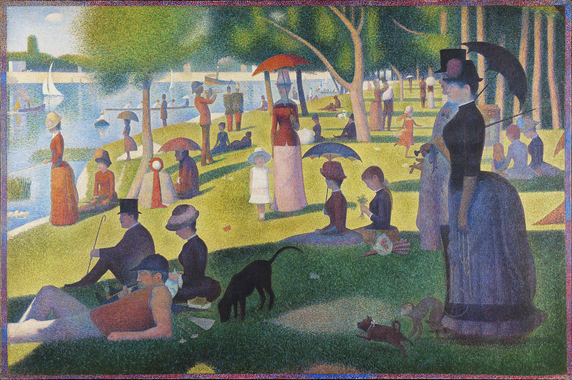 Pintura a óleo em tons pastéis de azul e verde, retratando a obra "A Balsa" de Georges Seurat, com detalhes pontilhados.