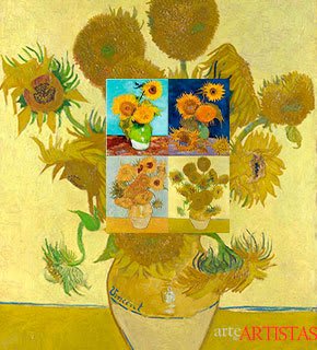 Pintura a óleo de flores de girassol em tons amarelos vibrantes e azuis profundos, com pinceladas expressivas e texturas rugosas.