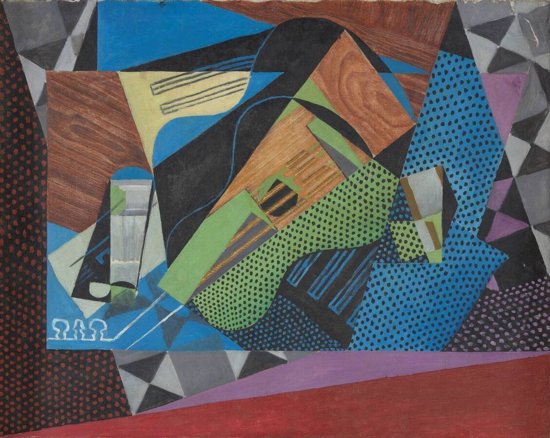 Pintura a óleo de Juan Gris, mostrando fragmentos de objetos em tons de azul e verde, com linhas retas e geométricas.