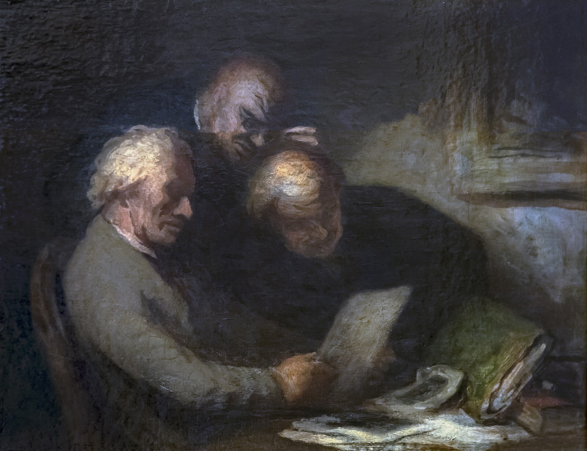 Pintura realista a óleo retratando o artista Honoré Daumier em sua idade avançada, com expressão séria e vestido formal.