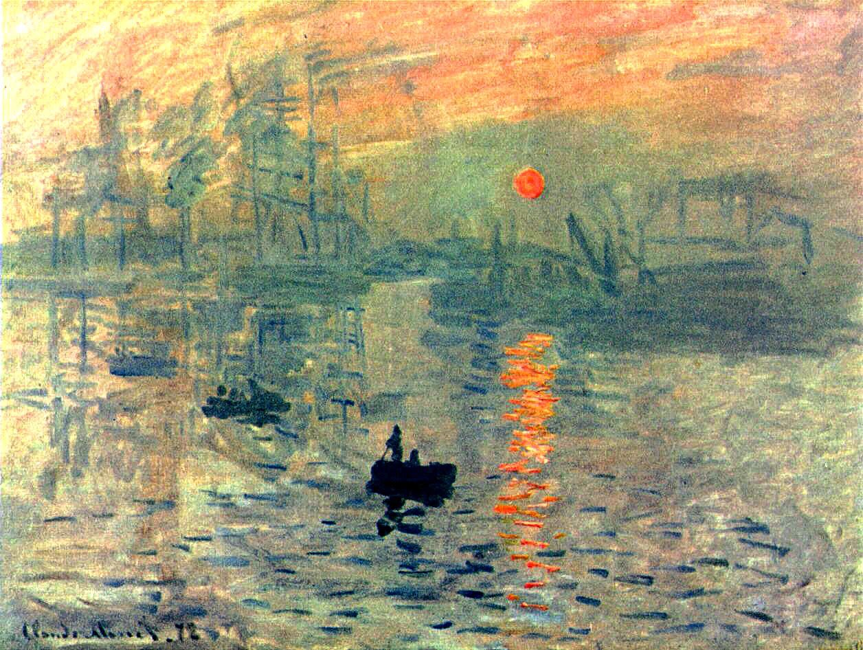 Peinture impressionniste à l'huile de Claude Monet, figurant un soleil levant sur un lac serein aux reflets dorés.
