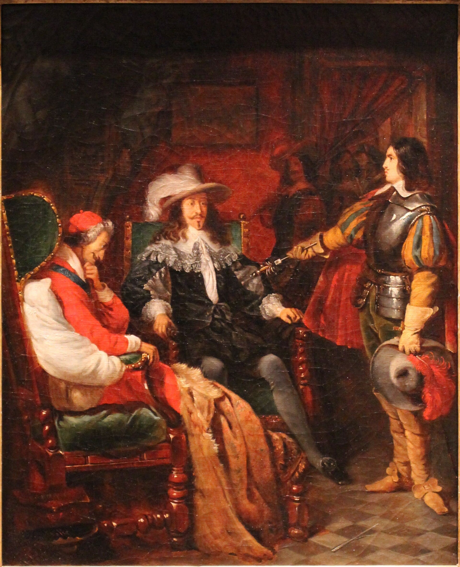 Pintura a óleo em tons sombrios e emotivos, retratando uma cena dramática de uma obra-prima romântica com figuras humanas em primeiro plano.