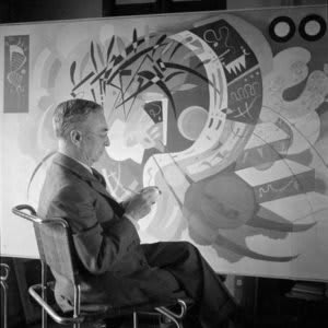 Pintura abstrata a óleo de cores vibrantes e geométricas, representando a evolução artística de Wassily Kandinsky.