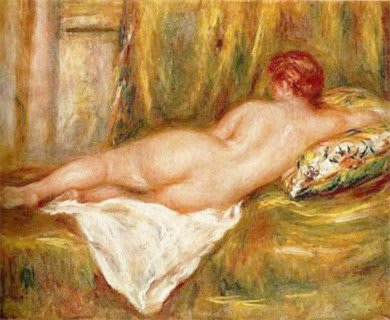 Ölgemälde von Auguste Renoir, das die Reife des Künstlers mit weichen Blau- und Grün-Tönen in einem Garten darstellt