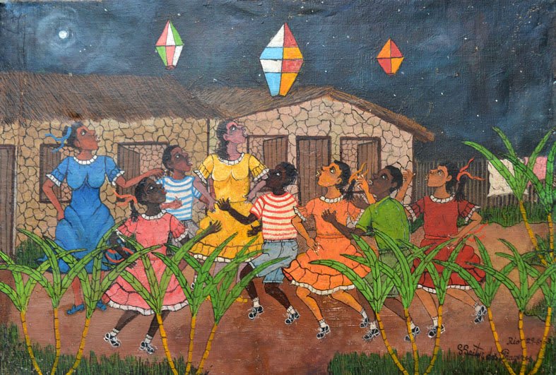 Pittura di Festa Junina, una celebrazione popolare con figure stilizzate e colori vivaci.