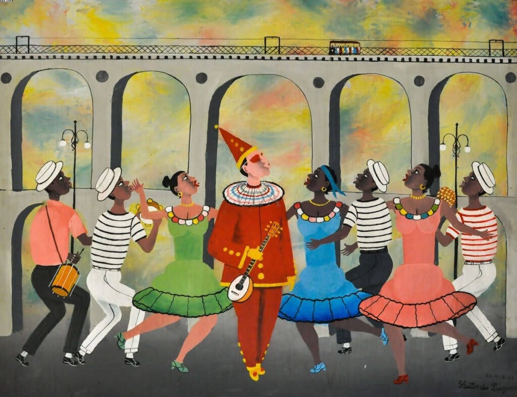 Pittura di Roda de Carnaval, scena di festa con ballerini e musicisti in un cerchio vibrante.
