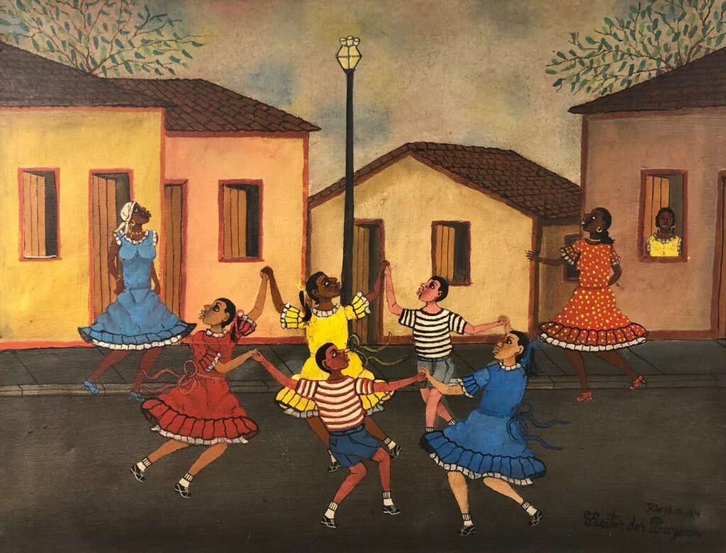 Pittura di Ciranda, una danza circolare con figure femminili che si tengono per mano in un ambiente rurale.