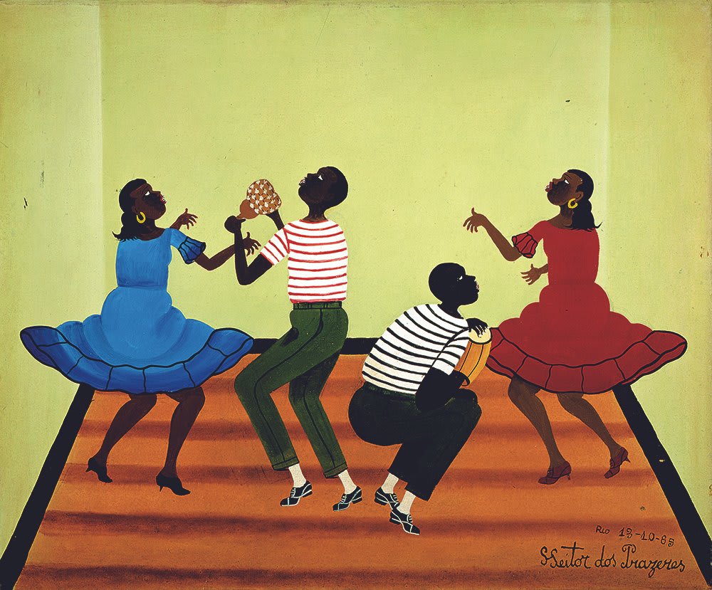 Pittura di Dança, scena dinamica di ballo con figure in movimento, colori caldi e forme geometriche.