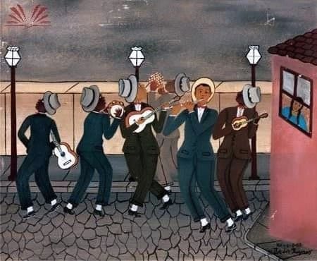 Pittura di Serenata, scena notturna con figure che suonano strumenti musicali sotto un balcone.