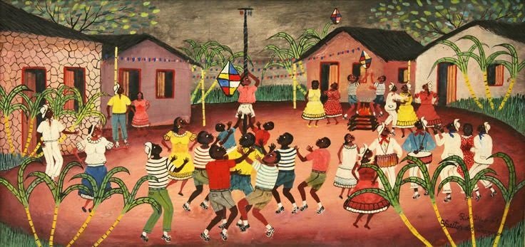 Pittura di Festa de São João, festa popolare con falò, ballerini e elementi folcloristici.