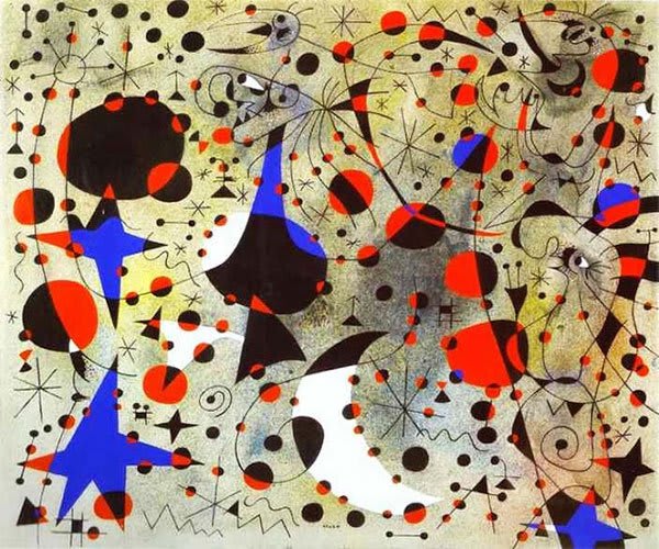 An abstract painting by Miró, featuring primary colors and simplified forms