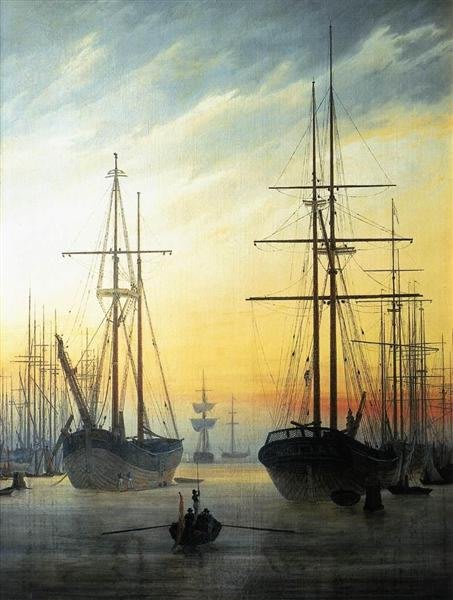 Vue d'un Port, une œuvre de Caspar David Friedrich où la sérénité maritime s'unit à l'horizon lointain.