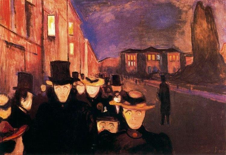 Nuit sur le Boulevard Karl Johan d'Edvard Munch, avec des figures terrifiées et un ciel lumineux