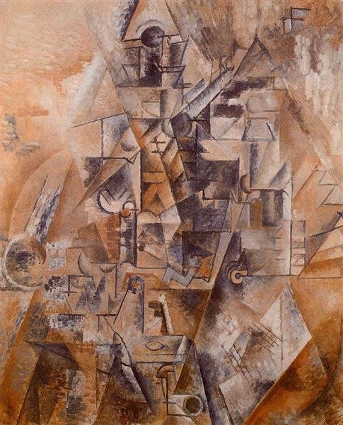 Peinture cubiste analytique aux éléments picturaux convergeant vers le centre, dans des tons de terre, illustrant l'approche de Picasso.