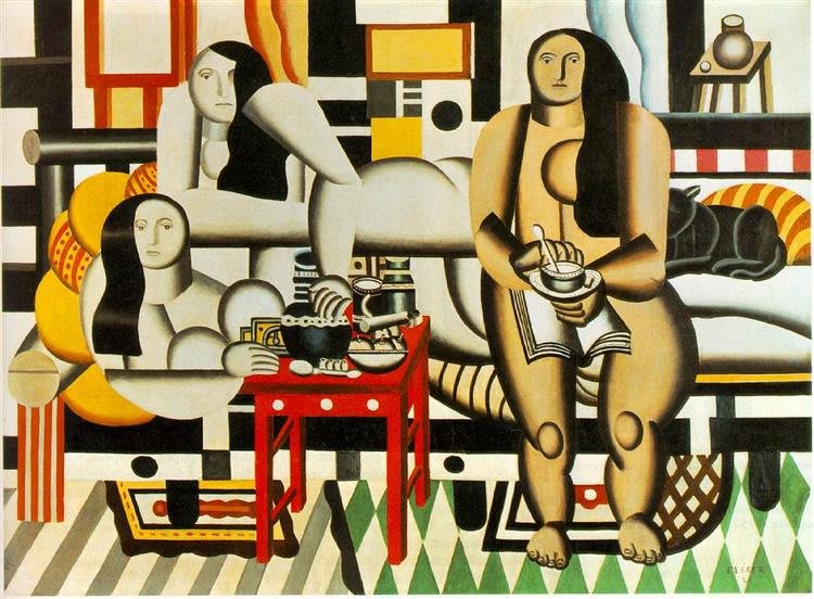 Tableau de Fernand Léger, Trois Femmes, 1921, représentant des figures féminines monumentales et stylisées dans un intérieur, avec une palette de couleurs riches.