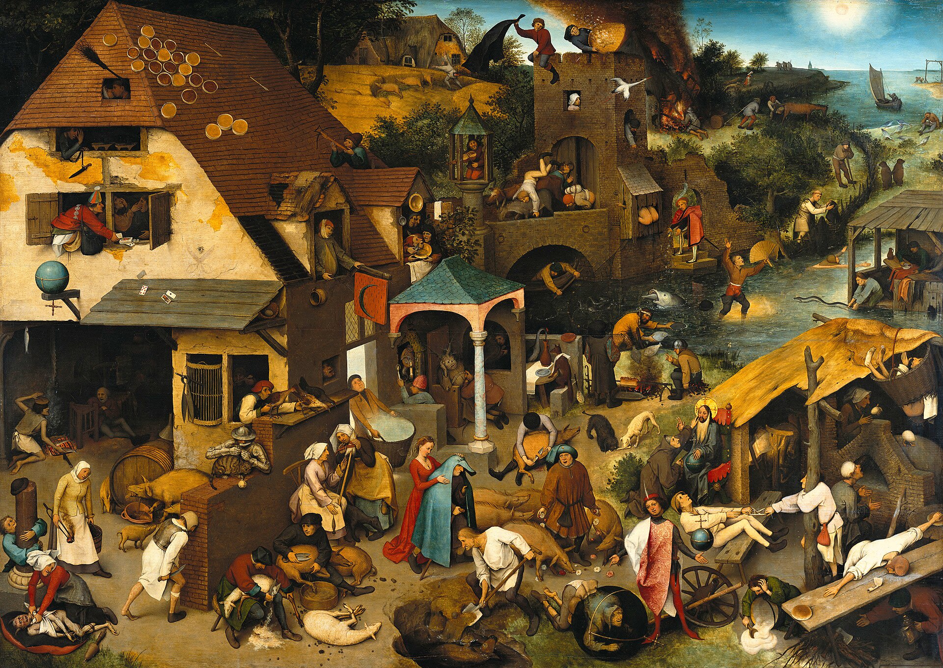 Pintura a óleo de Pieter Bruegel el Viejo, retratando paisagem rural holandesa com figuras caminhando em tons de verde e azul.