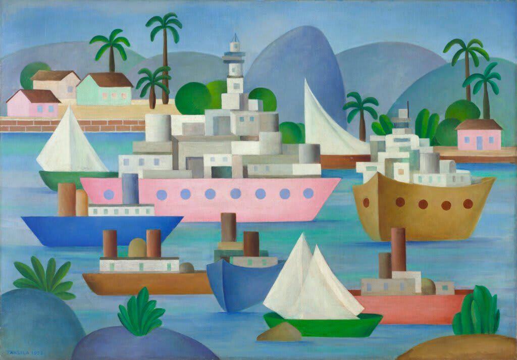 Peinture Le Port de Tarsila do Amaral, une scène portuaire stylisée, de 1953