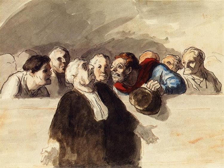Peinture intitulée 'L'Avocat de la Défense', montrant un avocat au tribunal.