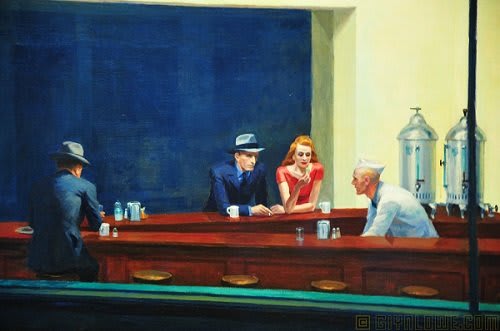 Détail de Nighthawks montrant la femme et le barman, ainsi que l'arrière-plan vide.