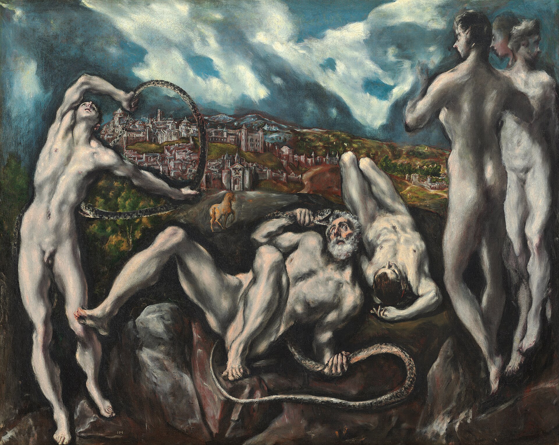 Pintura a óleo de El Greco retratando a Virgem da Assunção em tons azuis e dourados, com detalhes arquitetônicos gregos.