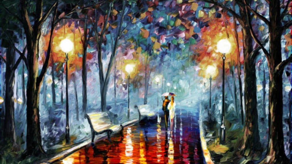 Un tableau vibrant d'un couple se promenant la nuit sous la pluie, les lumières de la ville se reflétant
