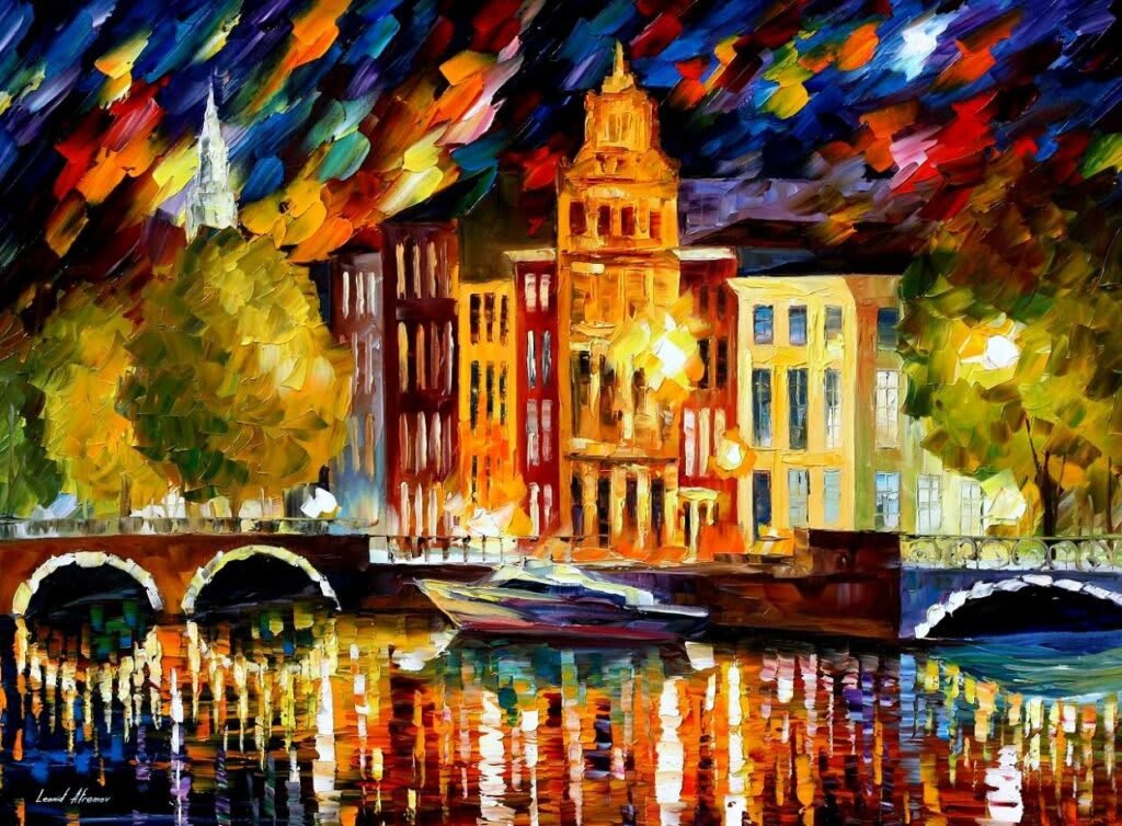Peinture d'Amsterdam en automne, avec des arbres aux couleurs chaudes et des reflets dans les canaux