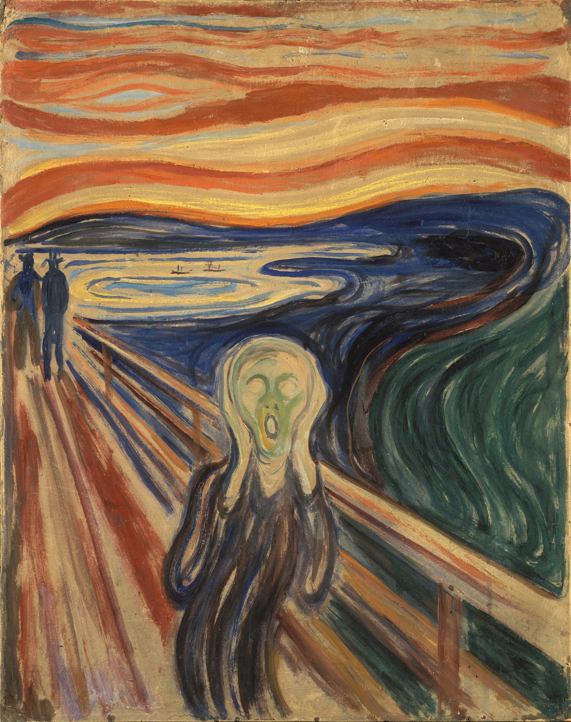 Pintura expressionista a óleo de Edvard Munch, "O Grito", em tons sombrios e intensos, com figura masculina de costas.