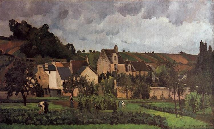 Dipinto a olio di Camille Pissarro, 'Vista de L'Hermitage a Pontoise', che mostra una strada tortuosa in un villaggio con figure che lavorano nel paesaggio.