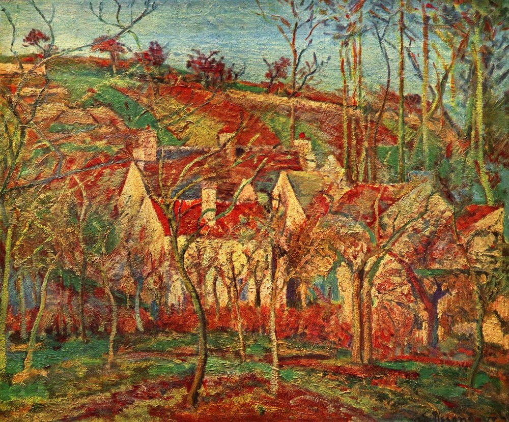 Dipinto a olio di Camille Pissarro, 'I Tetti Rossi', che mostra un gruppo di case tra gli alberi di un frutteto, con il fogliame che cela parzialmente la vista delle abitazioni.