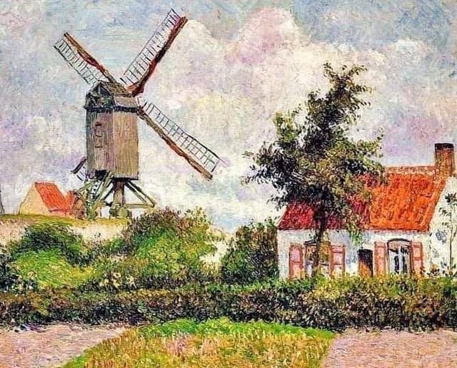 Dipinto a olio di Camille Pissarro, 'Mulino a vento a Knocke', che presenta una palette di colori caldi e un'atmosfera luminosa.
