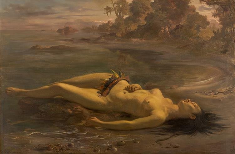 Peinture controversée de Victor Meirelles, Moema, montrant l'indienne morte sur la plage.