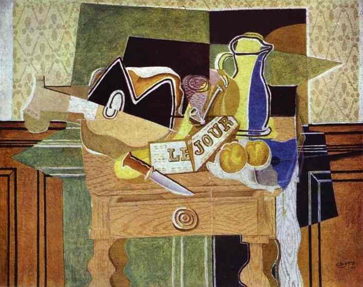 Pittura a olio di Georges Braque: Natura morta con Le Jour, 1929. Oggetti frammentati, tra cui un giornale e un coltello, su un tavolo con pannelli lignei.