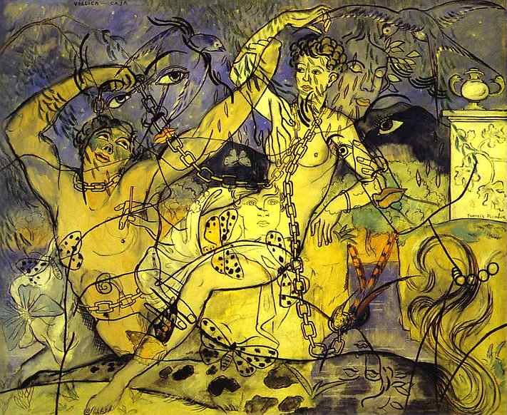 Pittura figurativa di Francis Picabia, 'Maggiordomo Sicuro', 1929, con un uomo vestito da maggiordomo, nello stile delle 'Trasparenze'.
