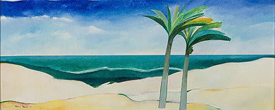 Grabado vibrante de un pez tropical en tonos azules y amarillos, de Aldemir Martins.