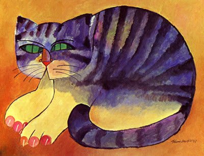 Pintura abstracta de un gato en colores brillantes, típico del estilo de Aldemir Martins.