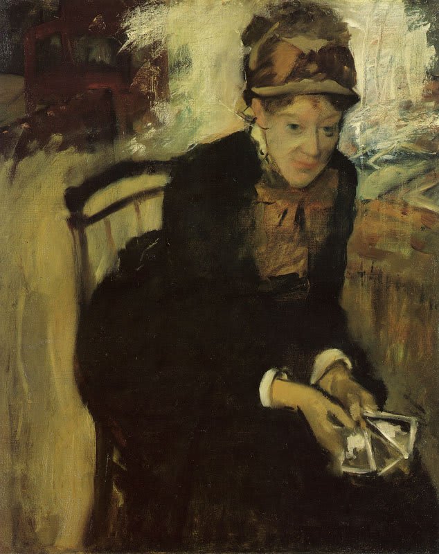 Mary Cassatt Sentada Sosteniendo Tarjetas. Edgar Degas. 1886