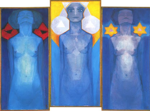 Pintura Evolución de Piet Mondrian, un tríptico con figuras desnudas y símbolos místicos.