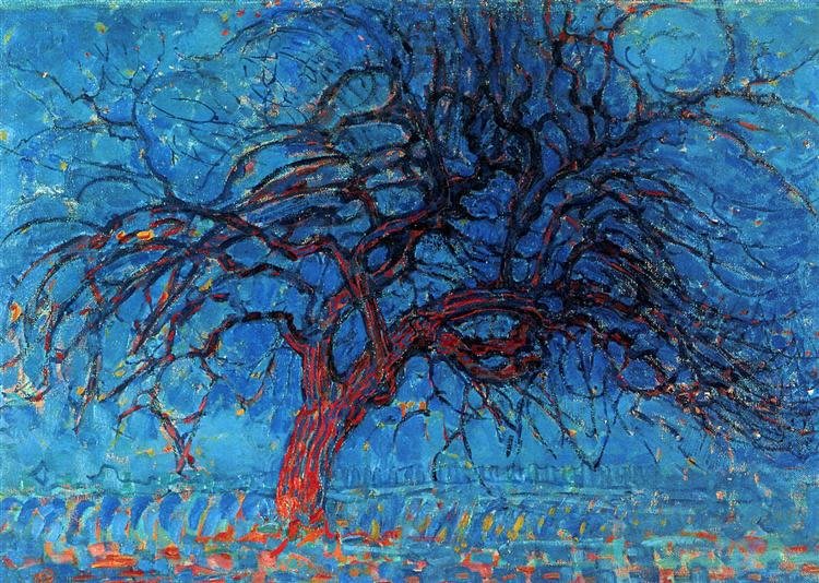 Pintura El Árbol Rojo de Piet Mondrian, un paisaje con colores primarios.