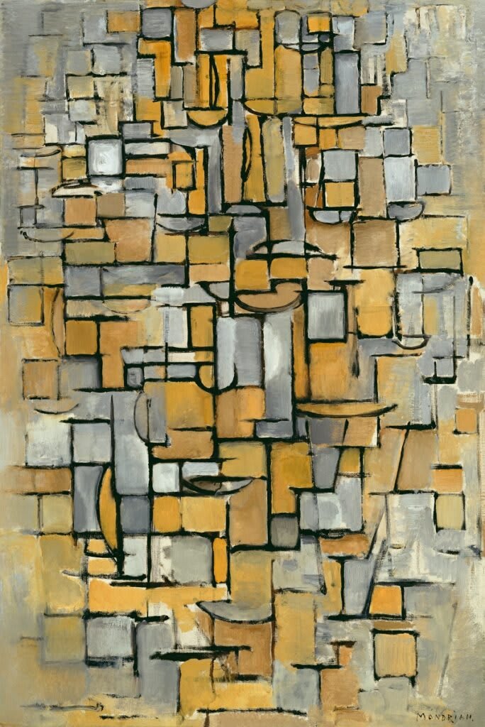 Pintura Cuadro 1 de Piet Mondrian, que revela la influencia del cubismo analítico.