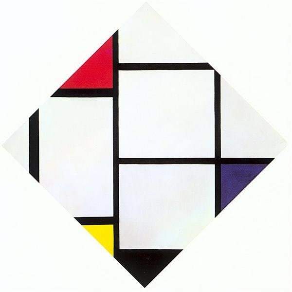Composición del rombo con rojo, gris, azul, amarillo y negro de Mondrian.