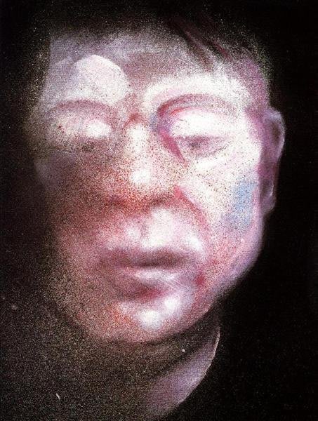 Autoportrait de Francis Bacon de 1987, visage marqué par le temps, expression intense.