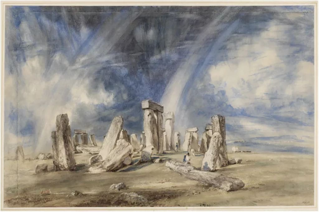 Stonehenge pintado por John Constable en 1835, mostrando el monumento antiguo con un cielo dramático y una atmósfera melancólica.