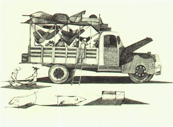 Pau de Arara, una pintura emblemática de Aldemir Martins de 1958, retratando el medio de transporte rústico del Nordeste.