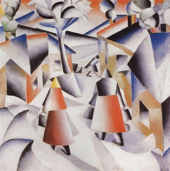 Peinture représentative d'un village après une tempête de neige, œuvre pré-suprématiste de Kazimir Malevitch.