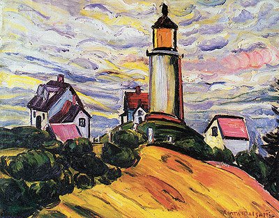 El Faro, de Anita Malfatti, un paisaje con edificaciones y presencia humana en Monhegan Island.