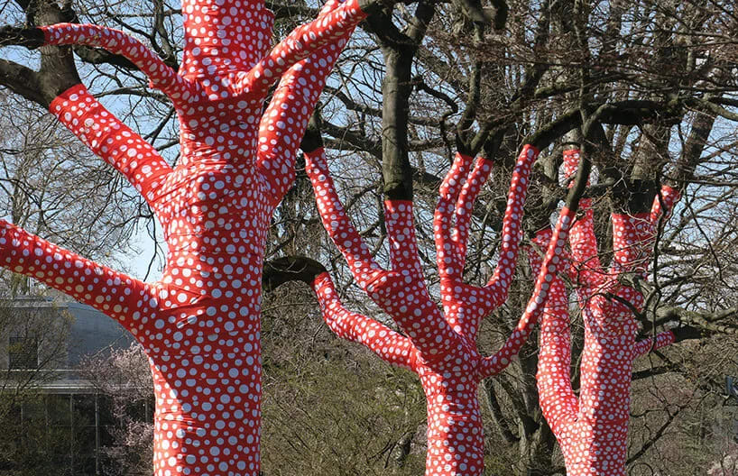 Detailed view of a Kusama pumpkin sculpture