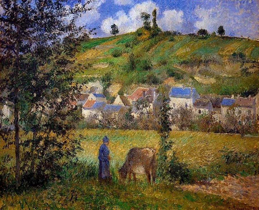 Peinture d'un paysage en bandes horizontales, avec une bergère au premier plan et des maisons aux toits bleus.